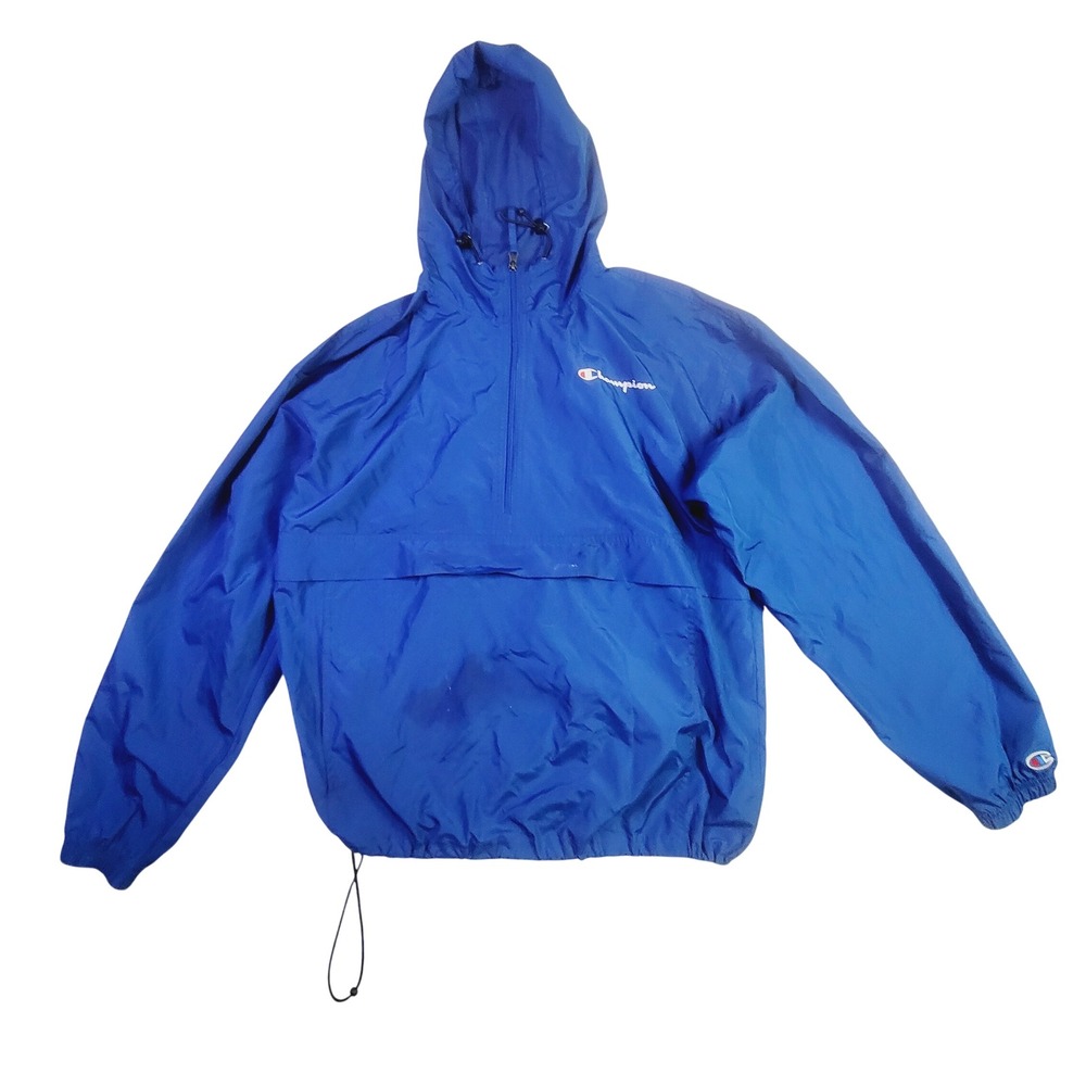 Champion Men's Packable‎ Windbreaker Jacket Sz Large Blue Quarter Zip Hooded B51